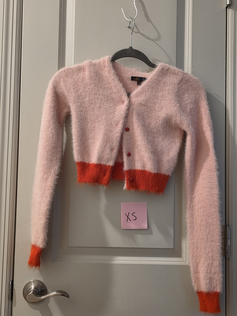 Fuzzy Pink Cropped Cardigan with Orange Trim
